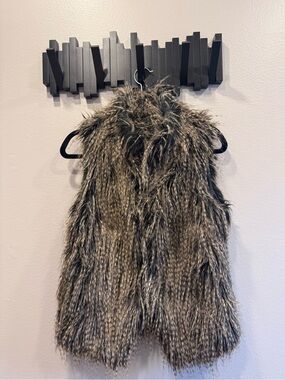 Fabulous Furs Black Faux Fur Vest with Taupe Trim